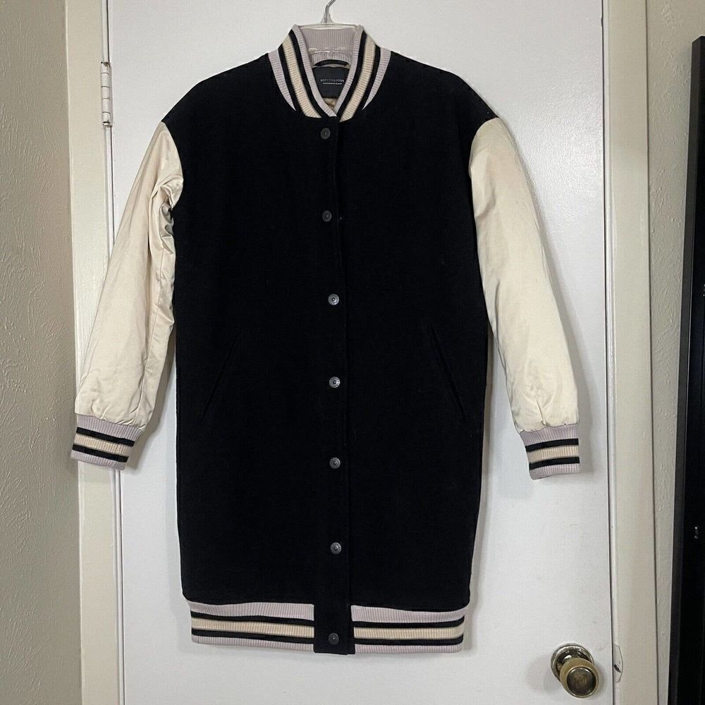 NEW! Scotch & Soda Black longline wool blend varsity snap jacket size XS $275